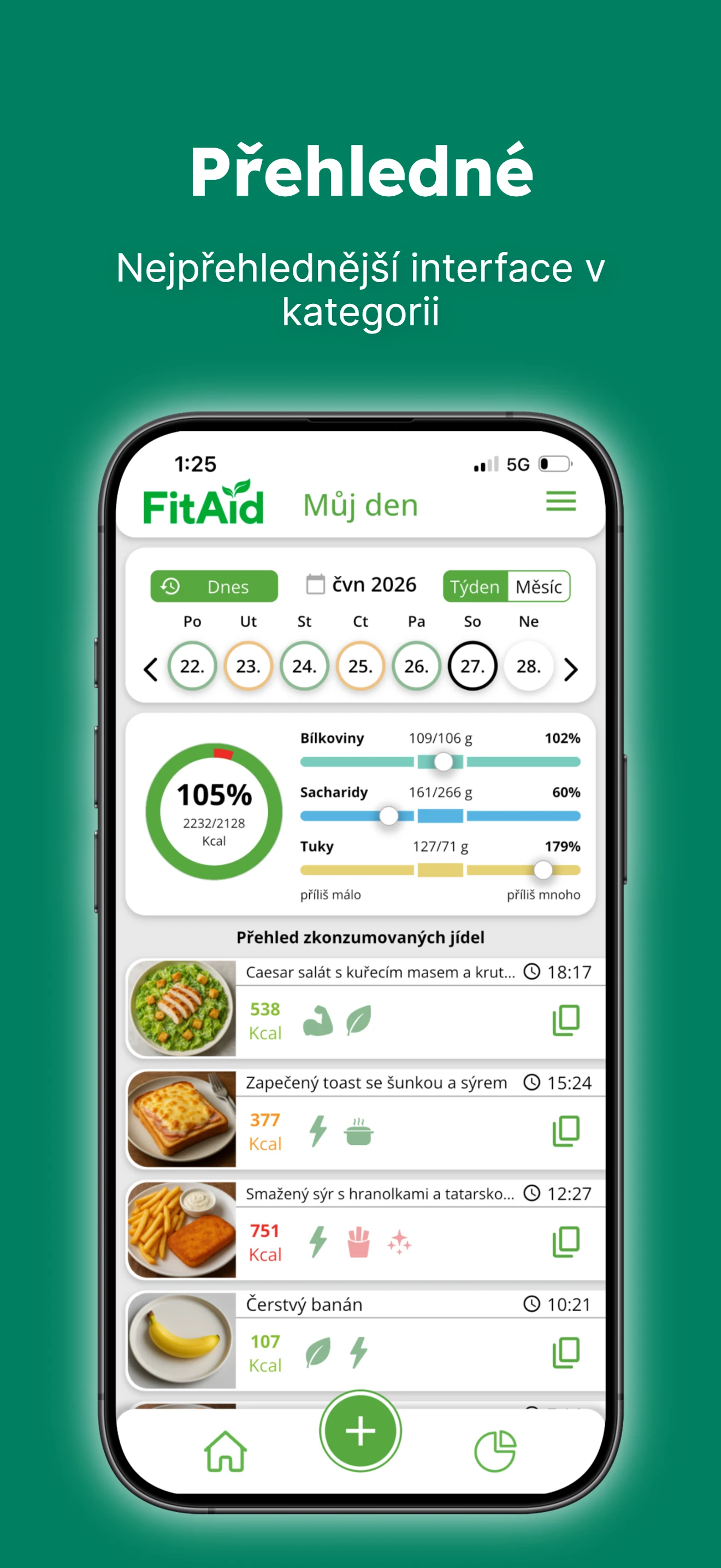 Denní přehled aplikace FitAid v češtině